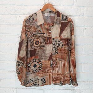 Vintage Stunt 100% Silk Button Shirt Blouse Medium Large Brown Abstract Floral